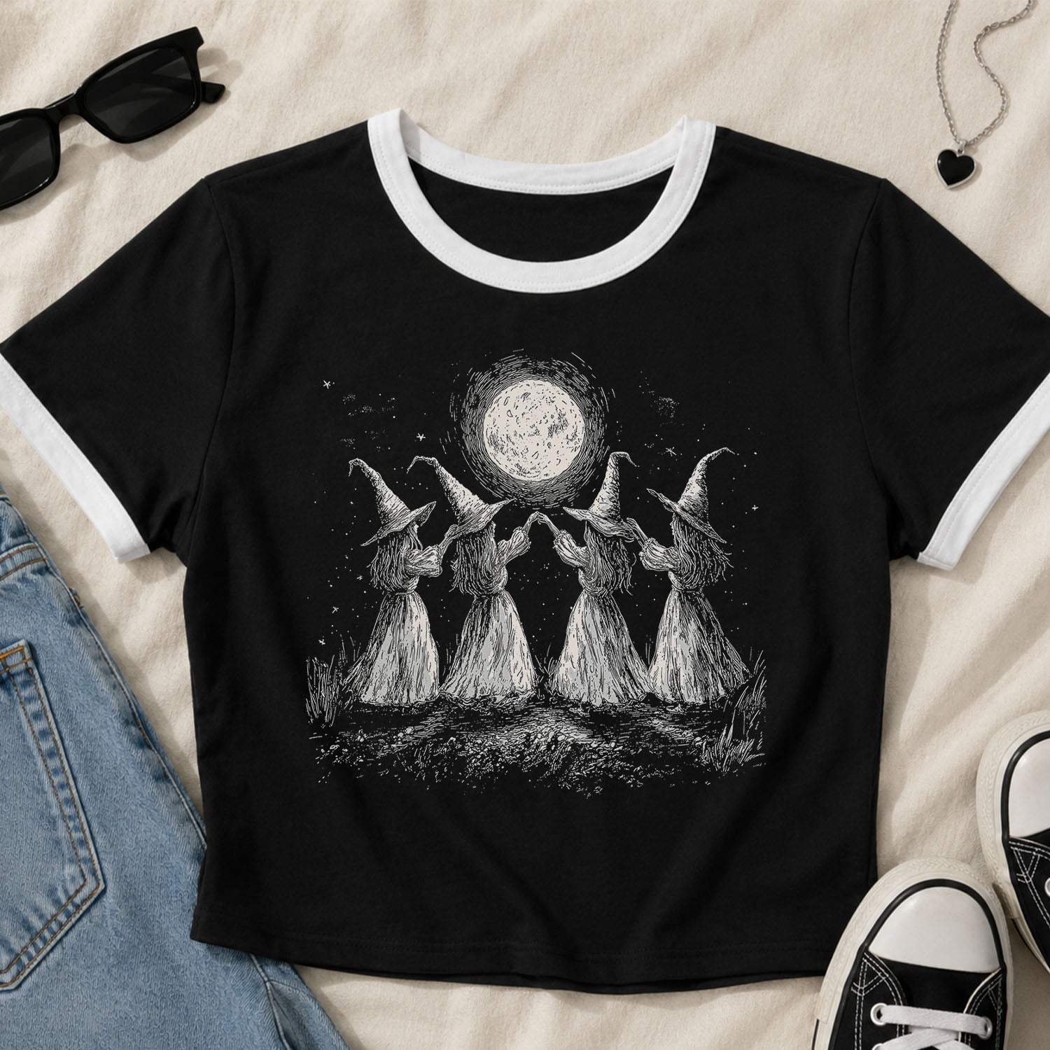 Witches Moon Dance Ringer Crop T-Shirt