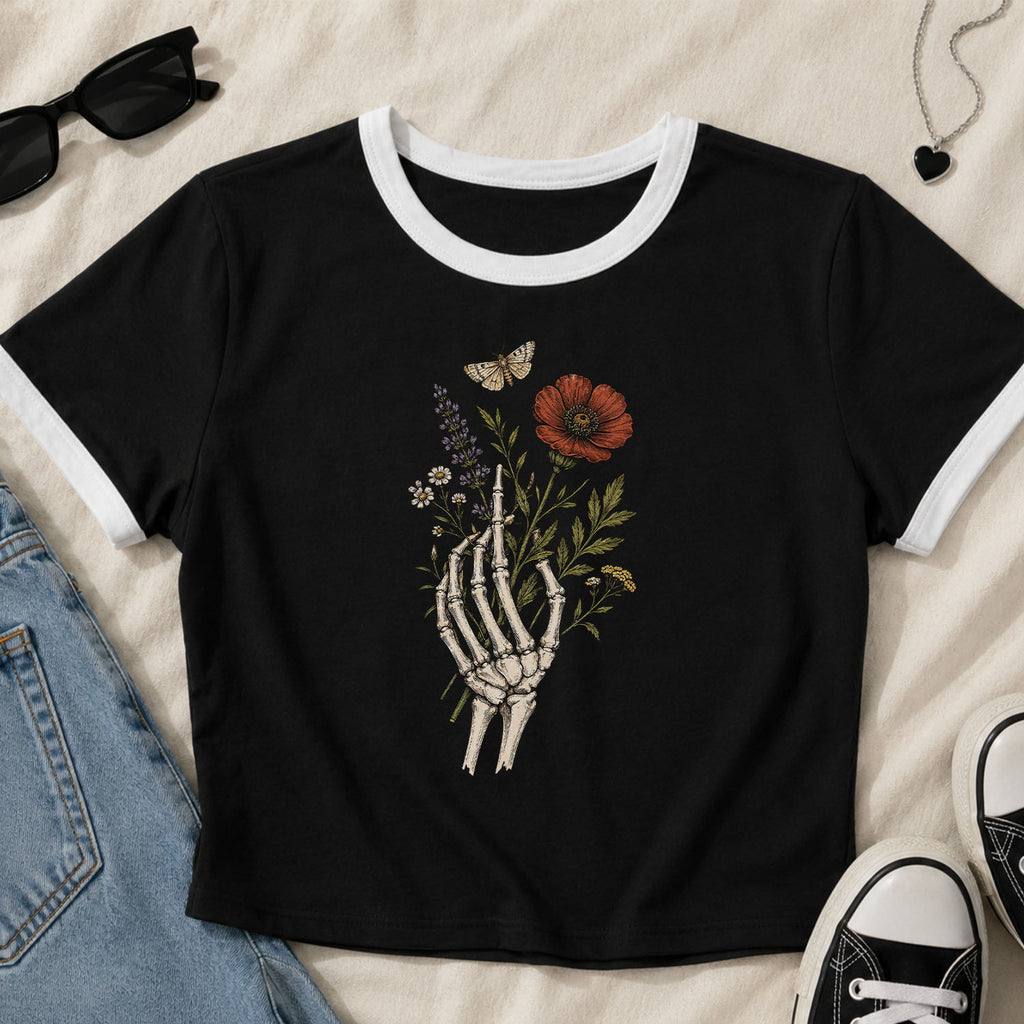 Skeleton Bouquet Ringer Crop T-Shirt