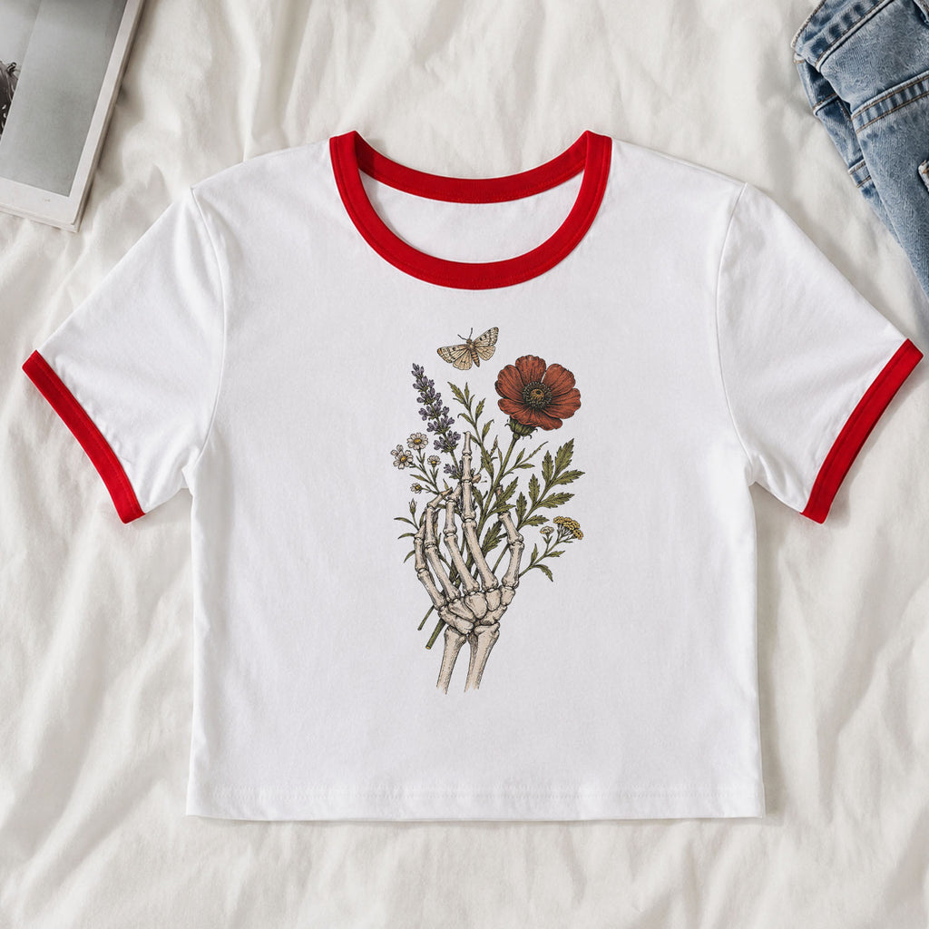 Skeleton Bouquet Ringer Crop T-Shirt