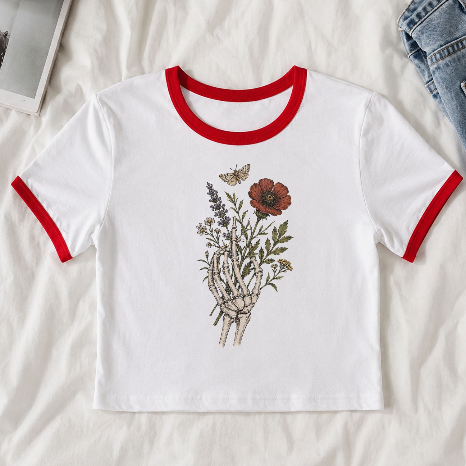 Skeleton Bouquet Ringer Crop T-Shirt