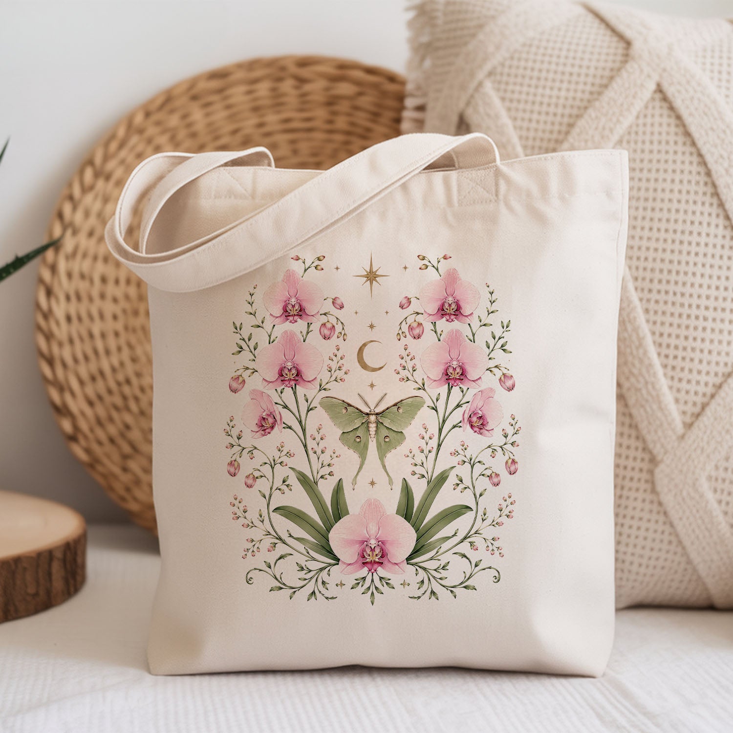 Moonlit Pink Orchid Flower Tote Bag