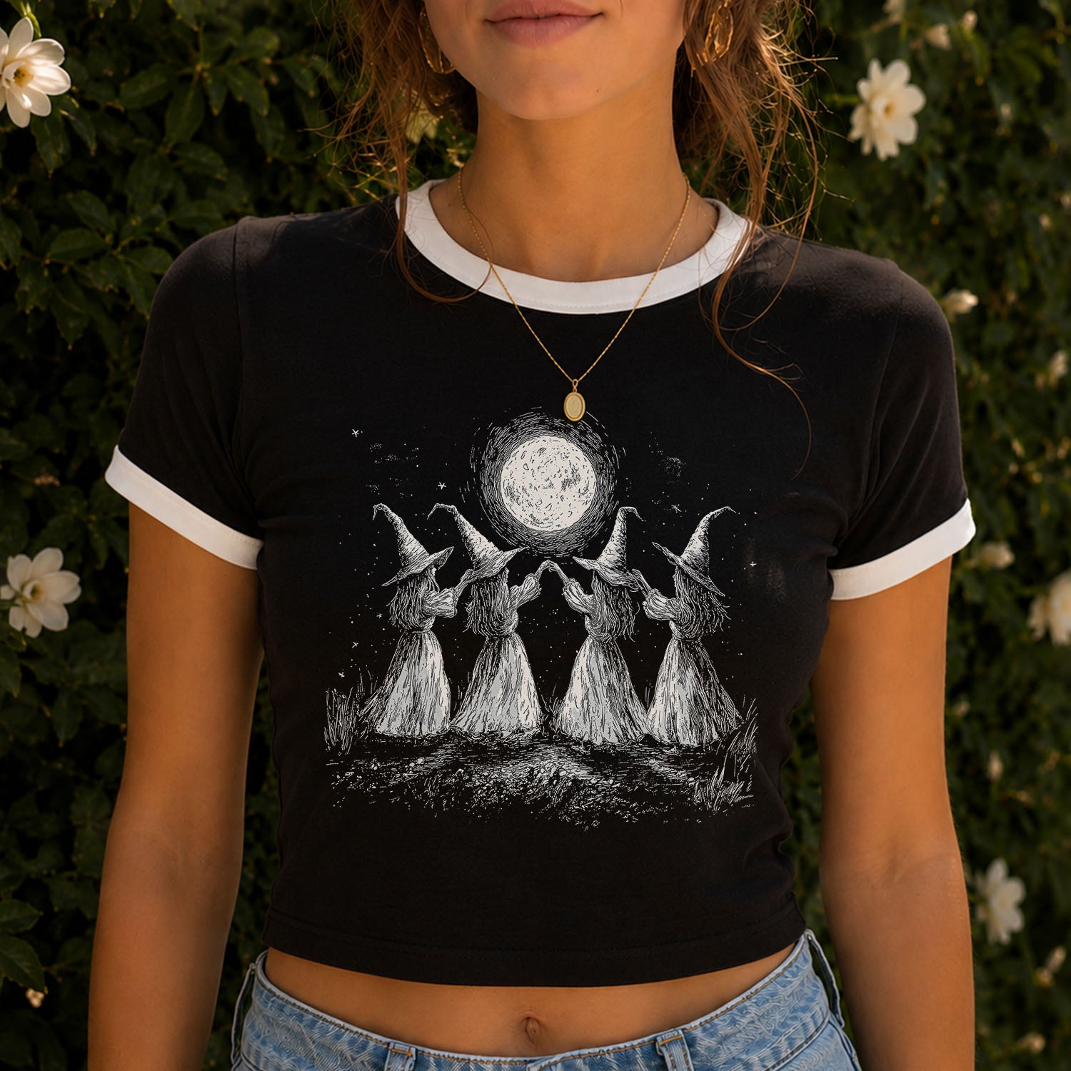 Witches Moon Dance Ringer Crop T-Shirt