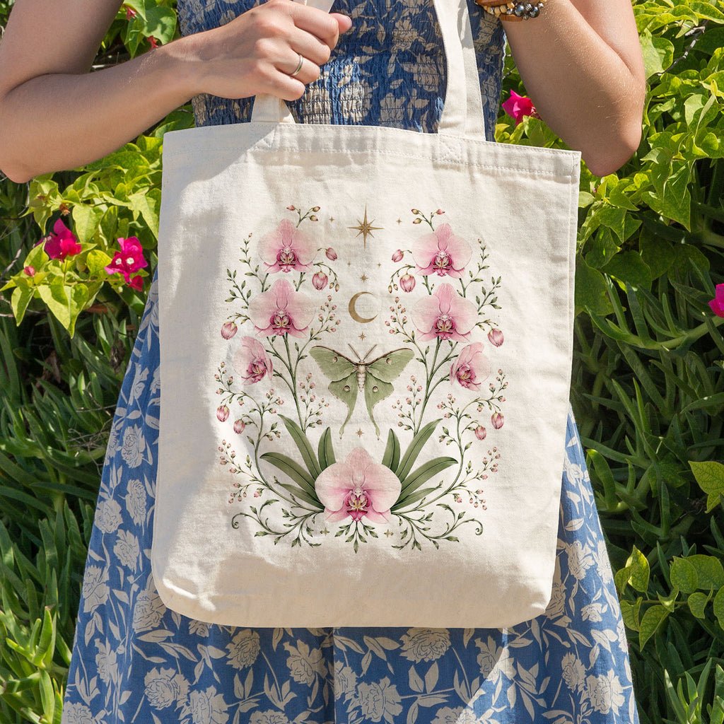 Moonlit Pink Orchid Flower Tote Bag