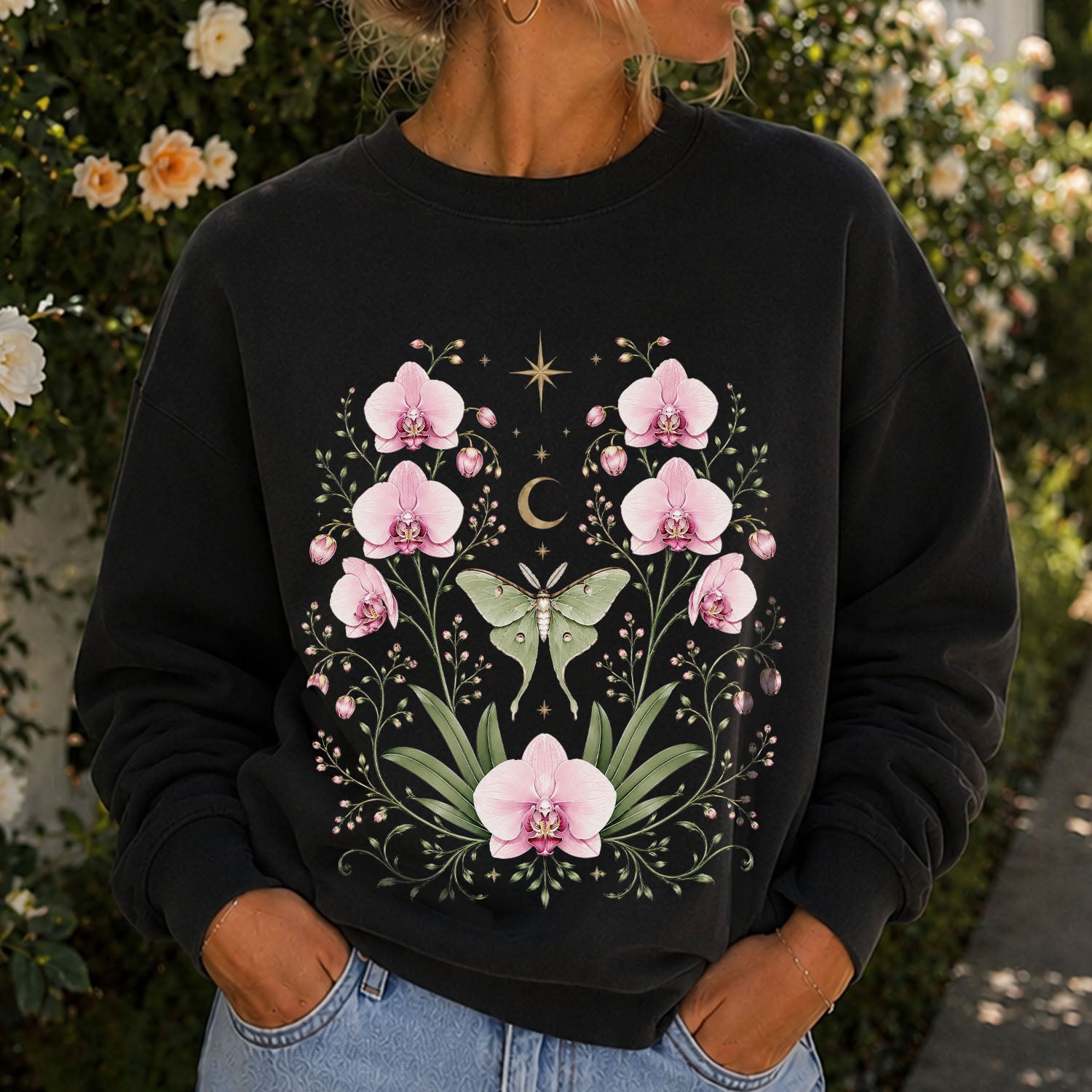 Moonlit Pink Orchid Flower Sweatshirt