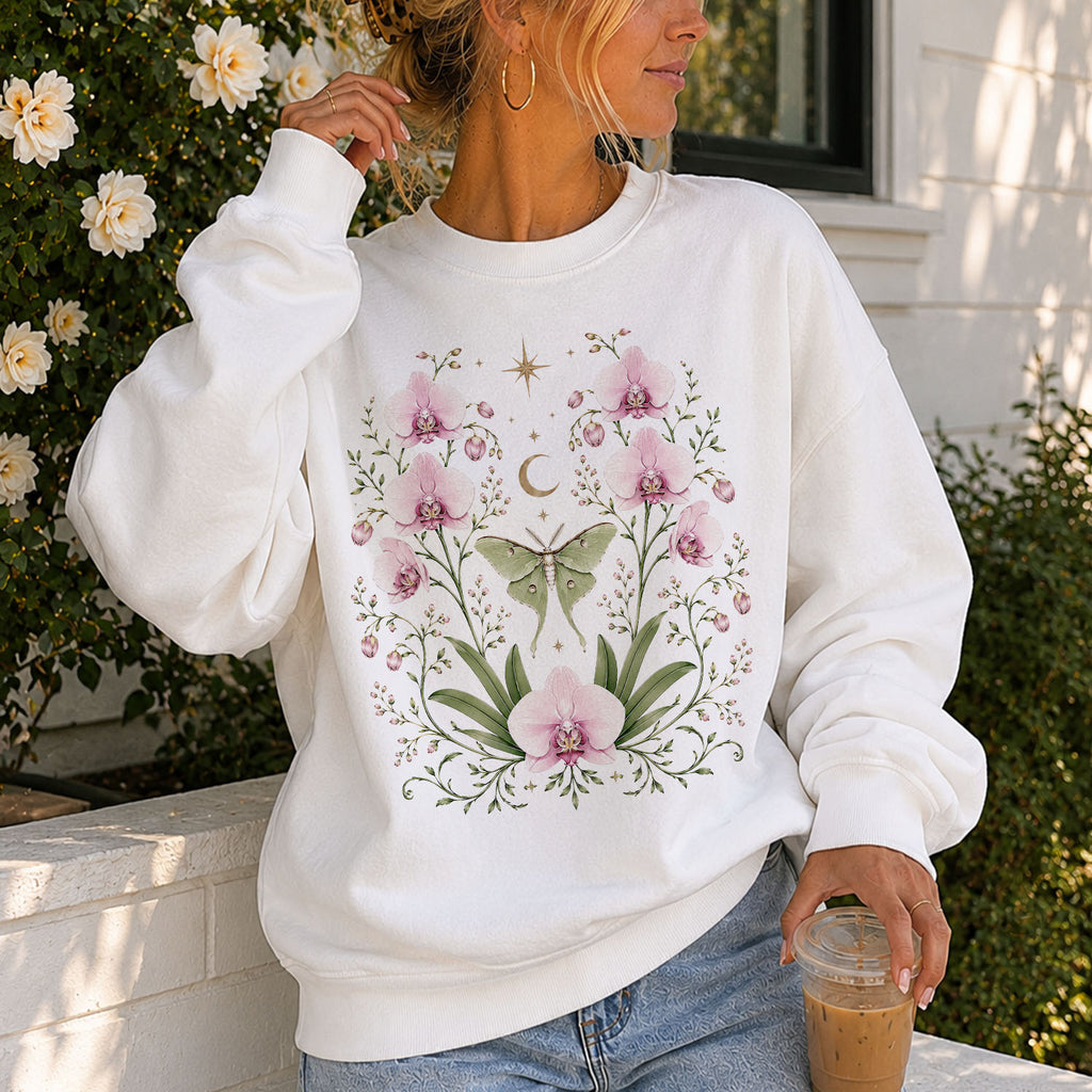 Moonlit Pink Orchid Flower Sweatshirt