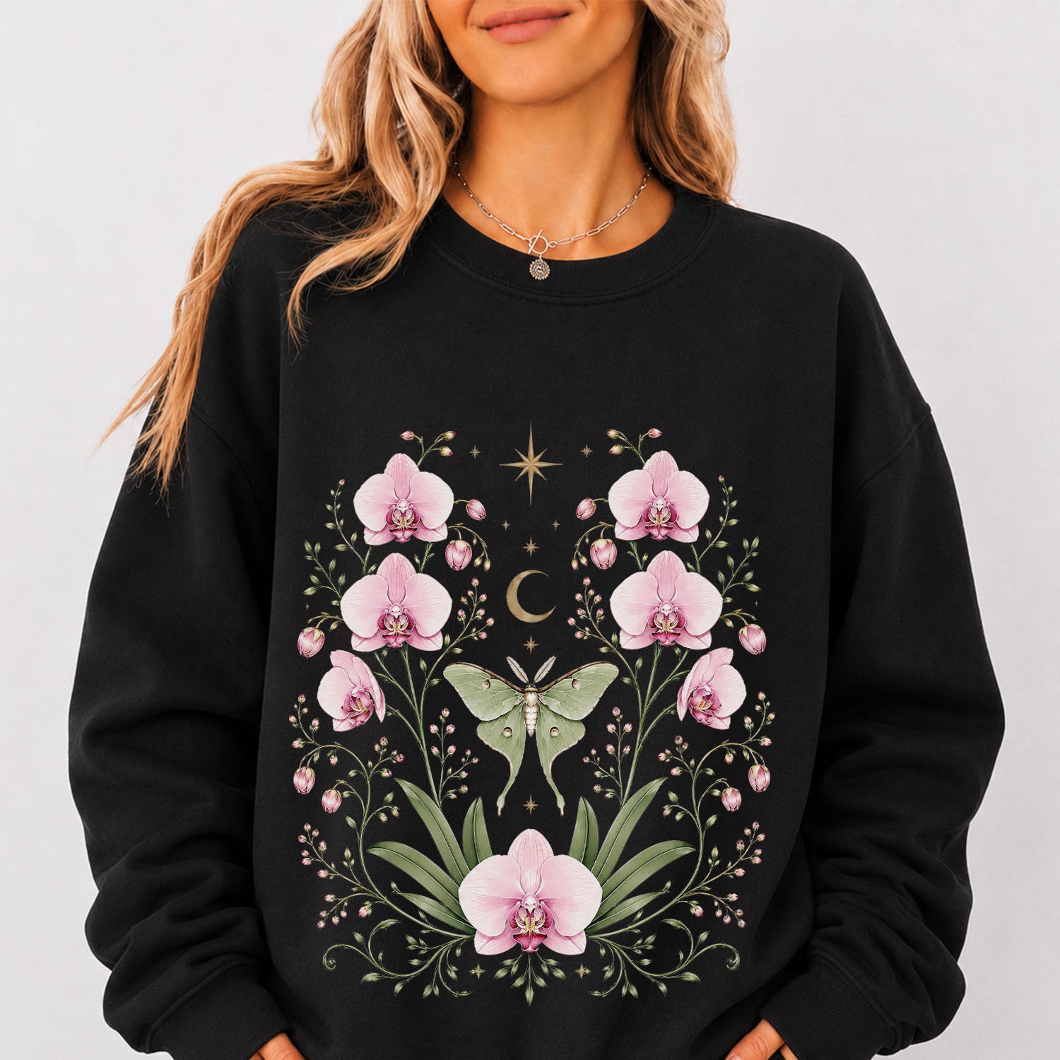Moonlit Pink Orchid Flower Sweatshirt