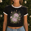 Pink Peony Floral Ringer Crop T-Shirt