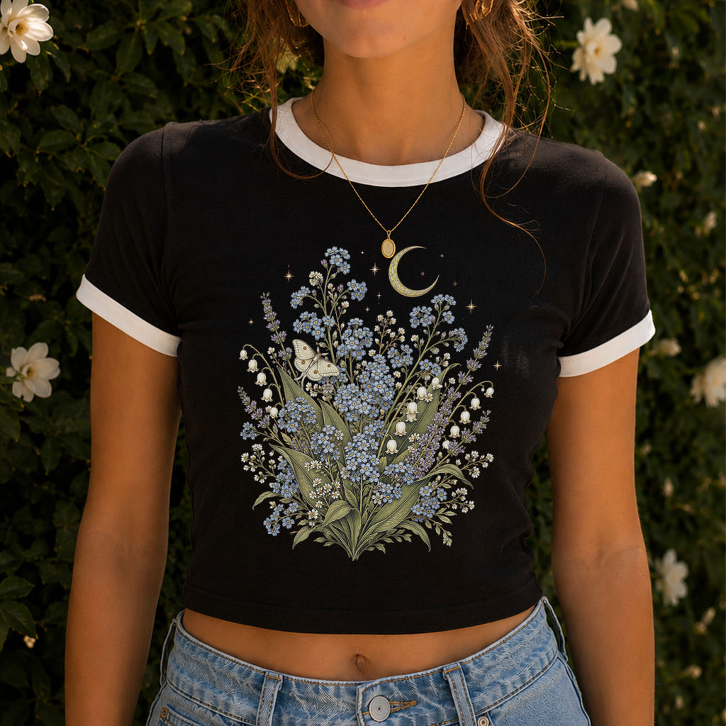 Moonlit Forget Me Not Ringer Crop T-Shirt