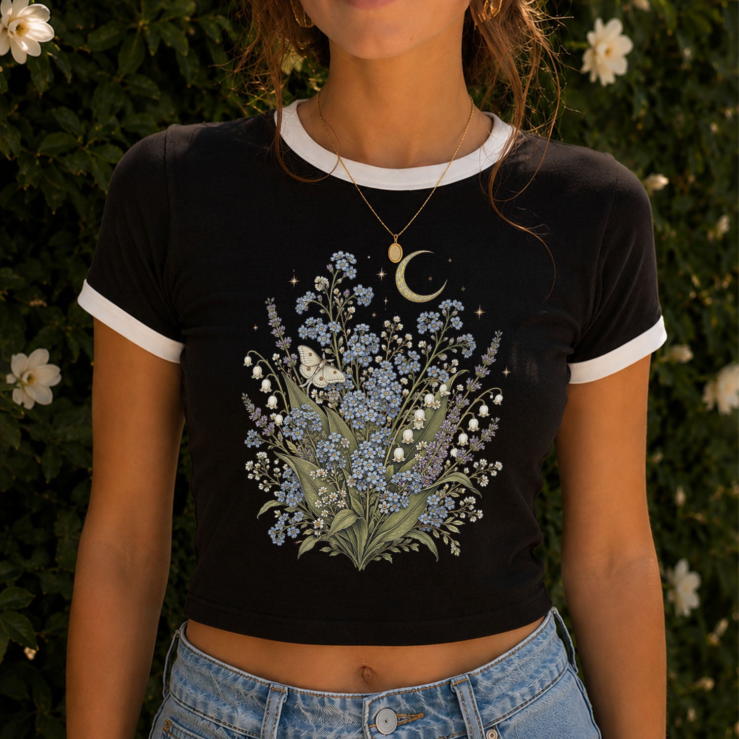 Moonlit Forget Me Not Ringer Crop T-Shirt