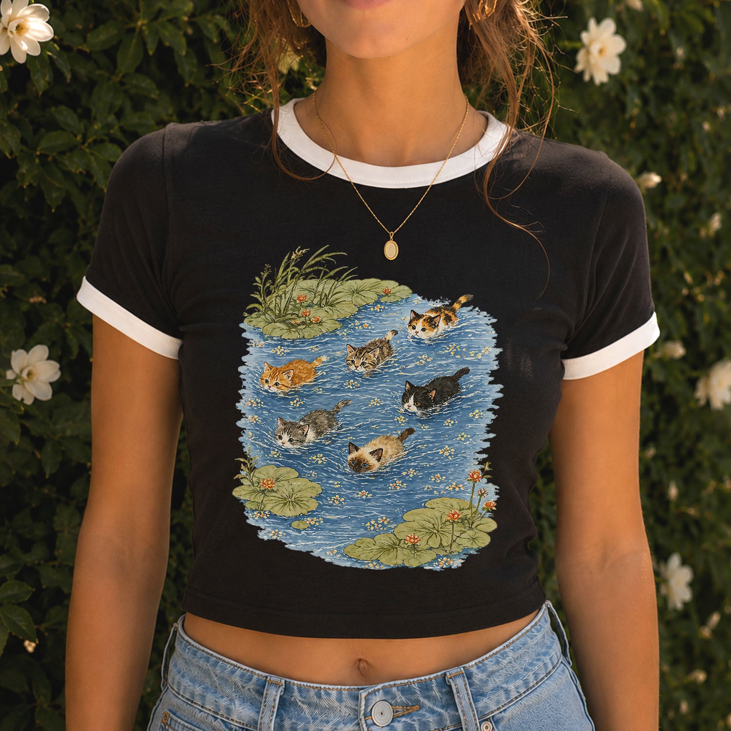 Swimming Cats in Pond Ringer Crop T-Shirt