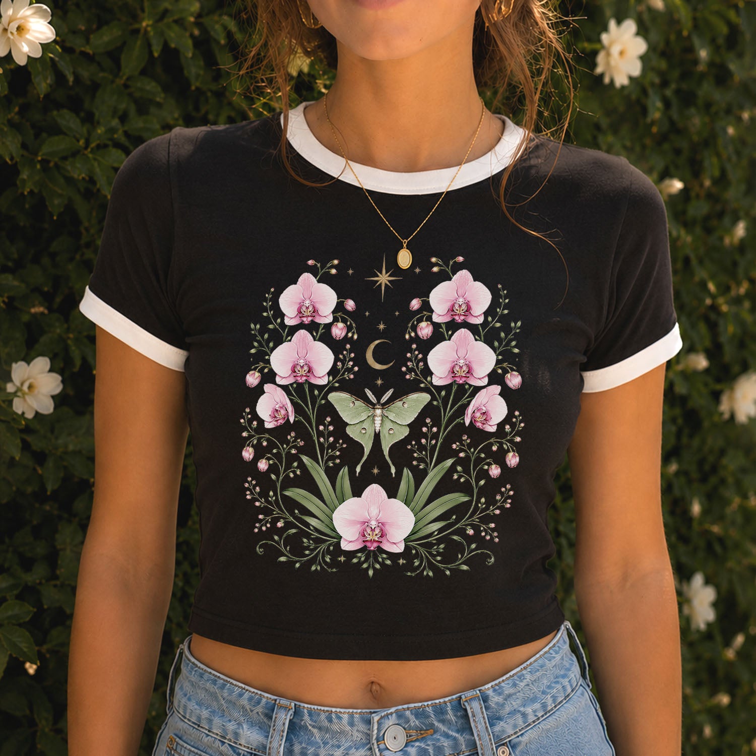Moonlit Pink Orchid Flower Ringer Crop T-Shirt
