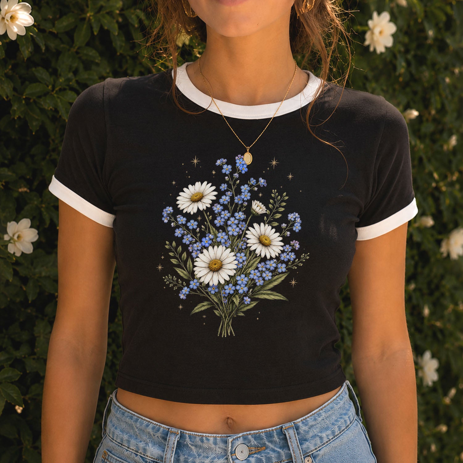 Forget Me Not Daisy Ringer Crop T-Shirt