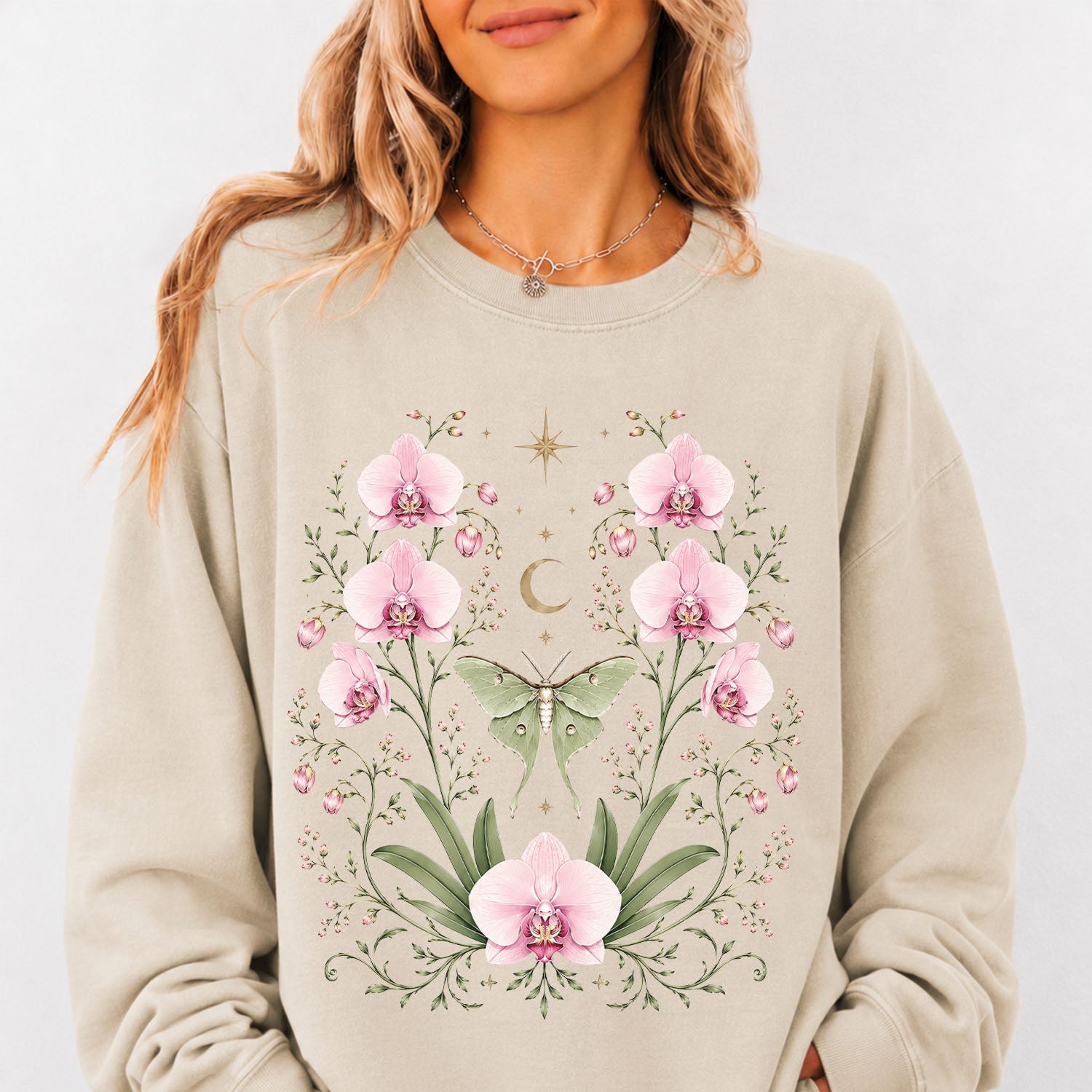 Moonlit Pink Orchid Flower Sweatshirt