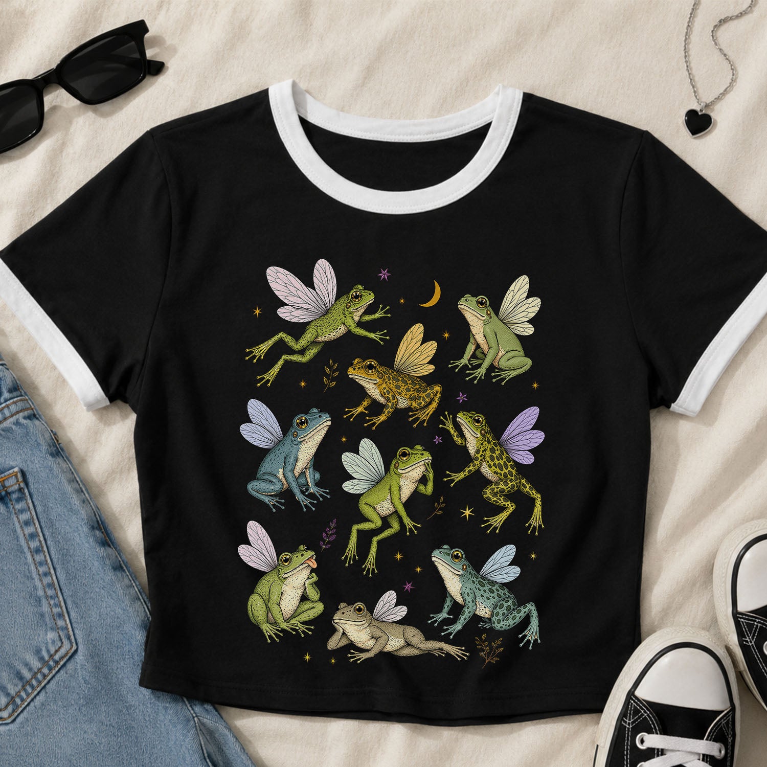 Fairy Frogs Ringer Crop T-Shirt