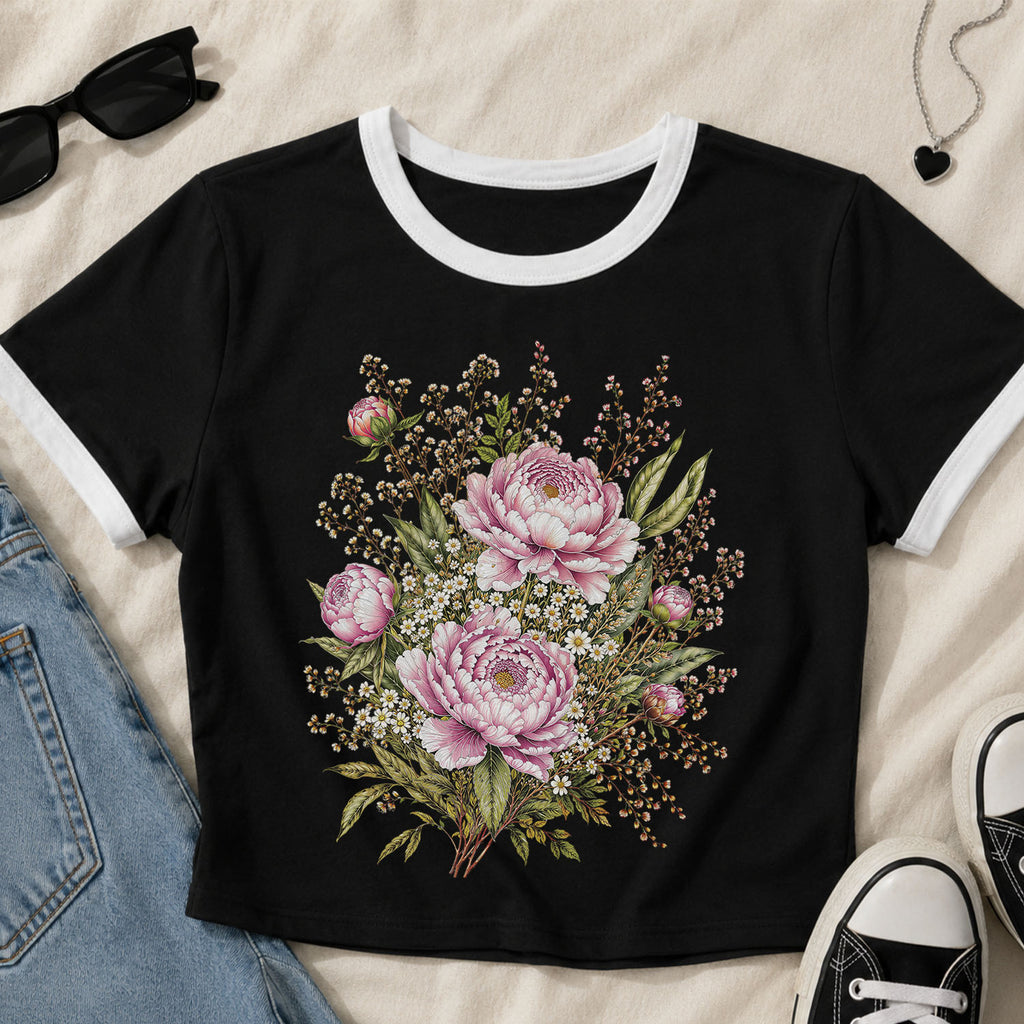 Pink Peony Floral Ringer Crop T-Shirt