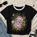 Pink Peony Floral Ringer Crop T-Shirt