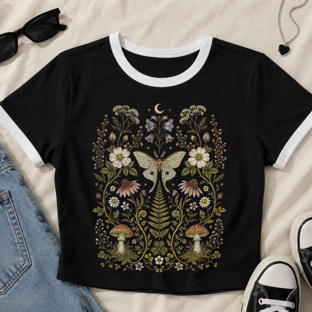 Whimsical Moth Wildflower Ringer Crop T-Shirt