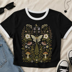 Whimsical Moth Wildflower Ringer Crop T-Shirt