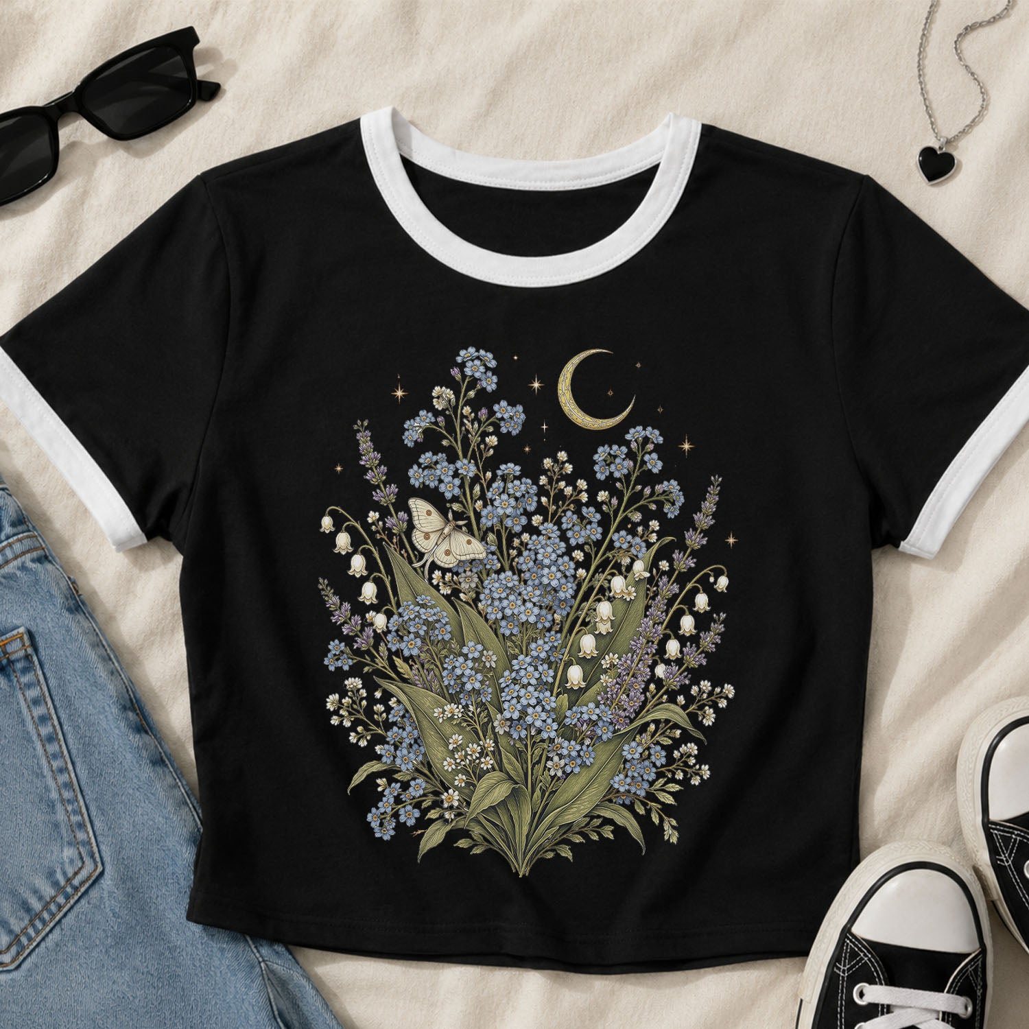 Moonlit Forget Me Not Ringer Crop T-Shirt