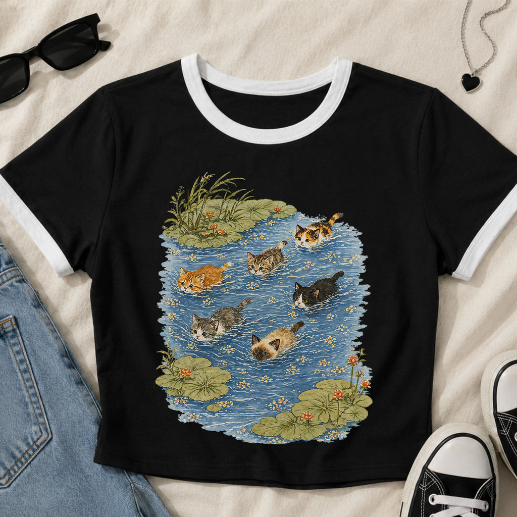 Swimming Cats in Pond Ringer Crop T-Shirt