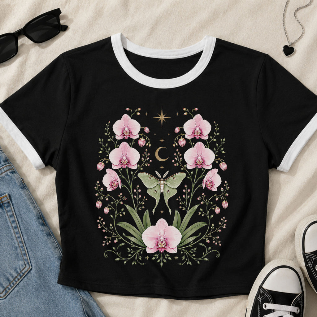 Moonlit Pink Orchid Flower Ringer Crop T-Shirt