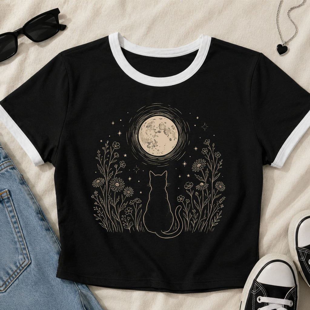 Stargazing Cat Ringer Crop T-Shirt