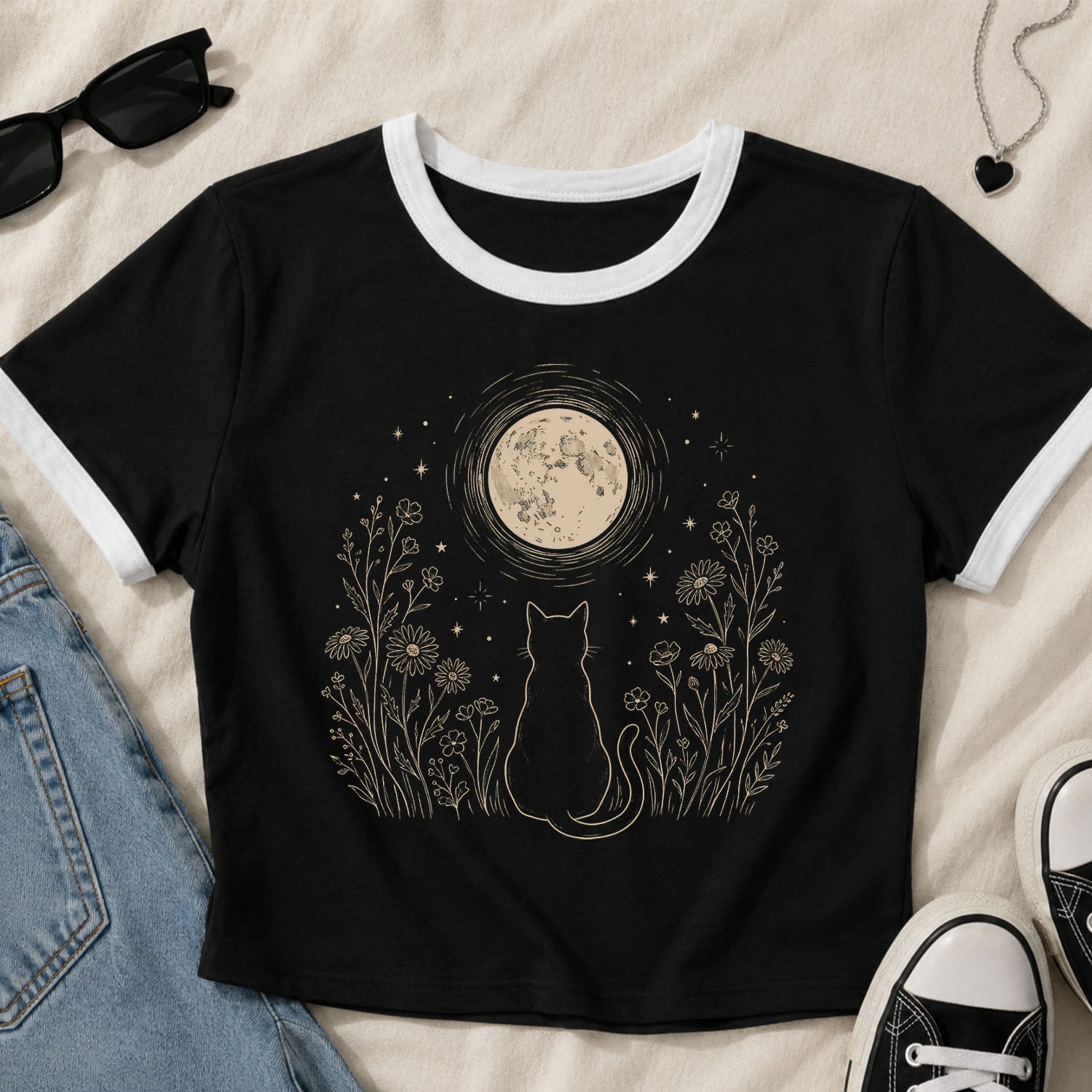 Stargazing Cat Ringer Crop T-Shirt