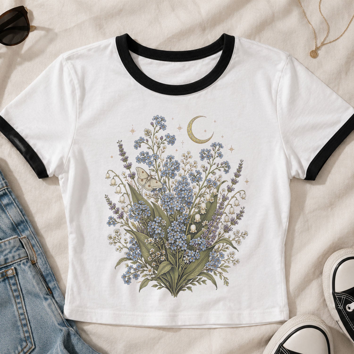 Moonlit Forget Me Not Ringer Crop T-Shirt