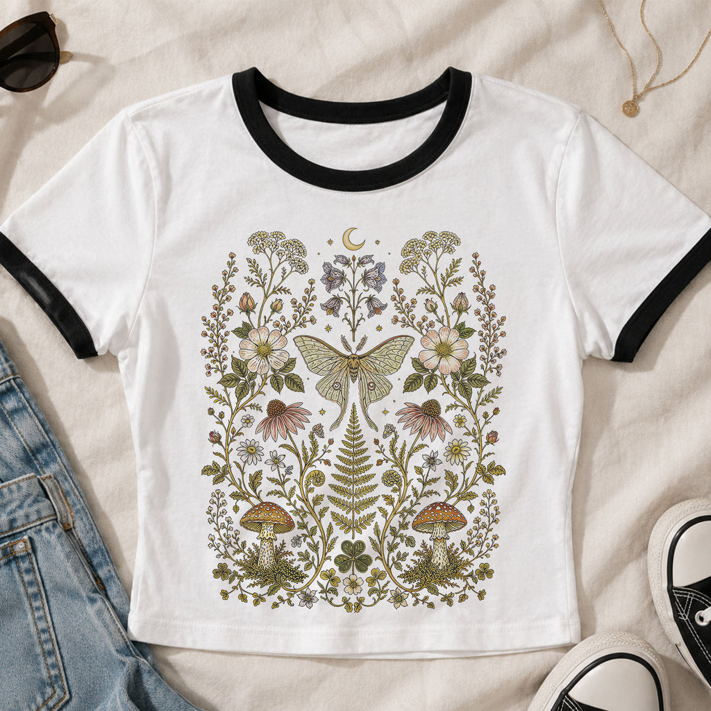 Whimsical Moth Wildflower Ringer Crop T-Shirt