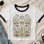 Whimsical Moth Wildflower Ringer Crop T-Shirt