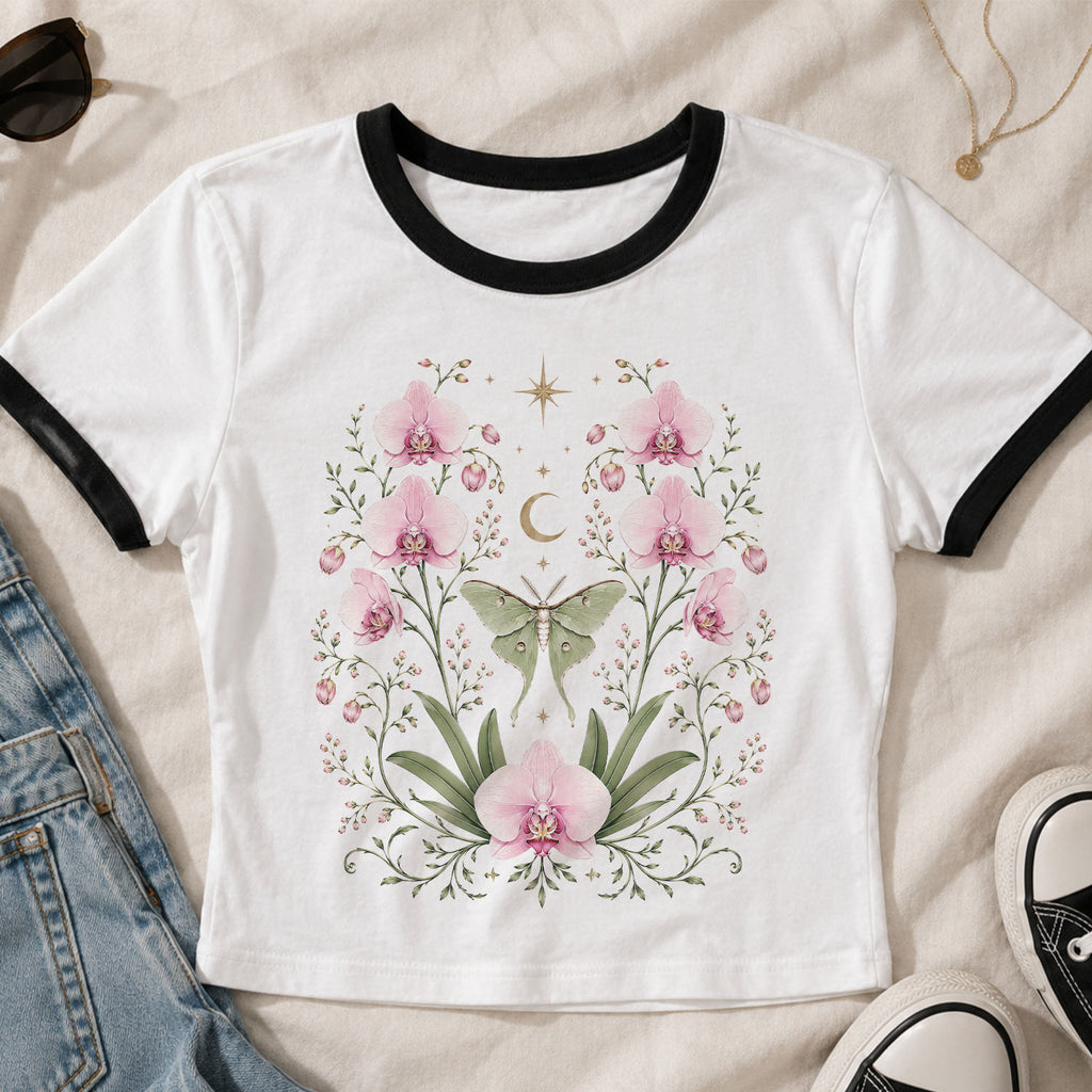 Moonlit Pink Orchid Flower Ringer Crop T-Shirt