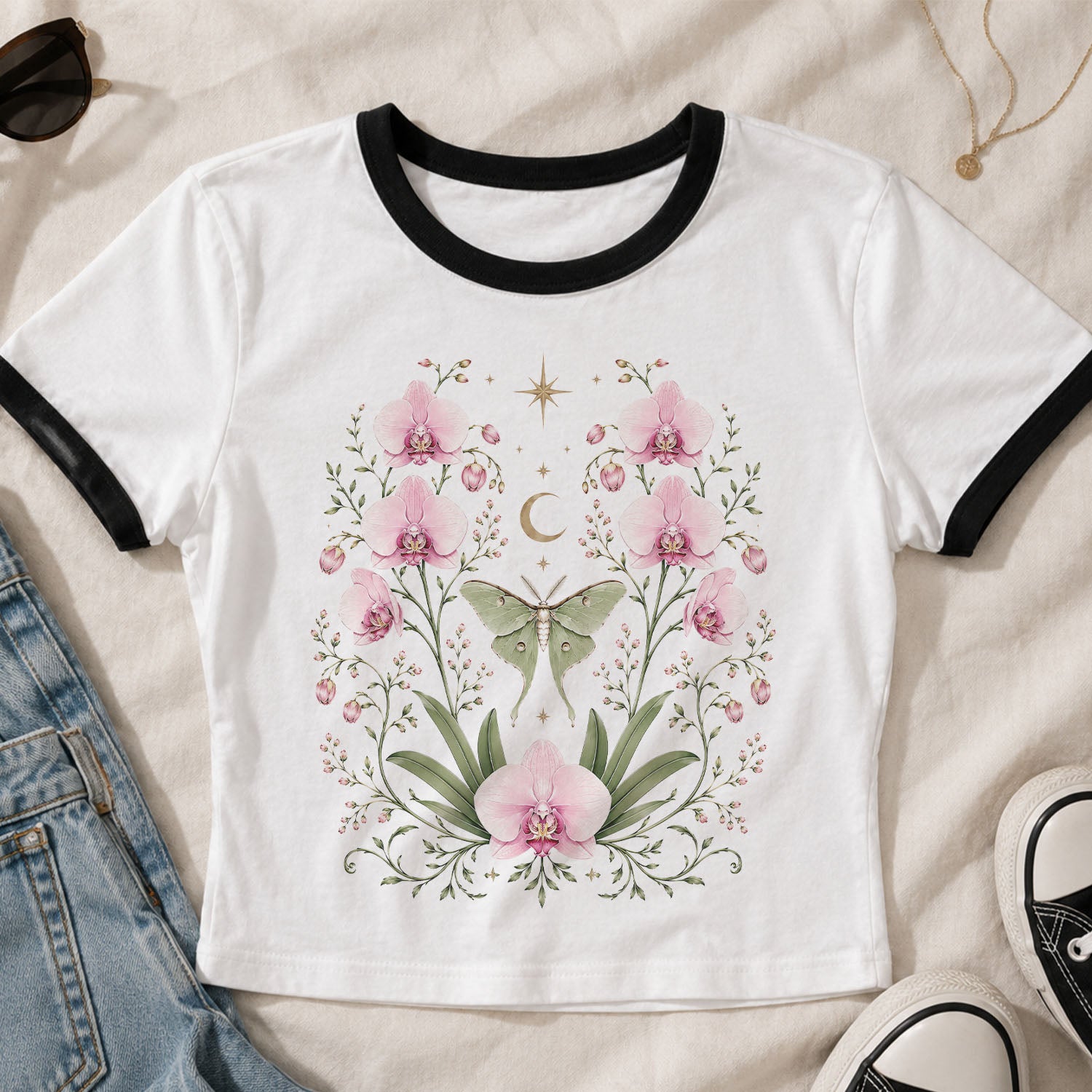 Moonlit Pink Orchid Flower Ringer Crop T-Shirt