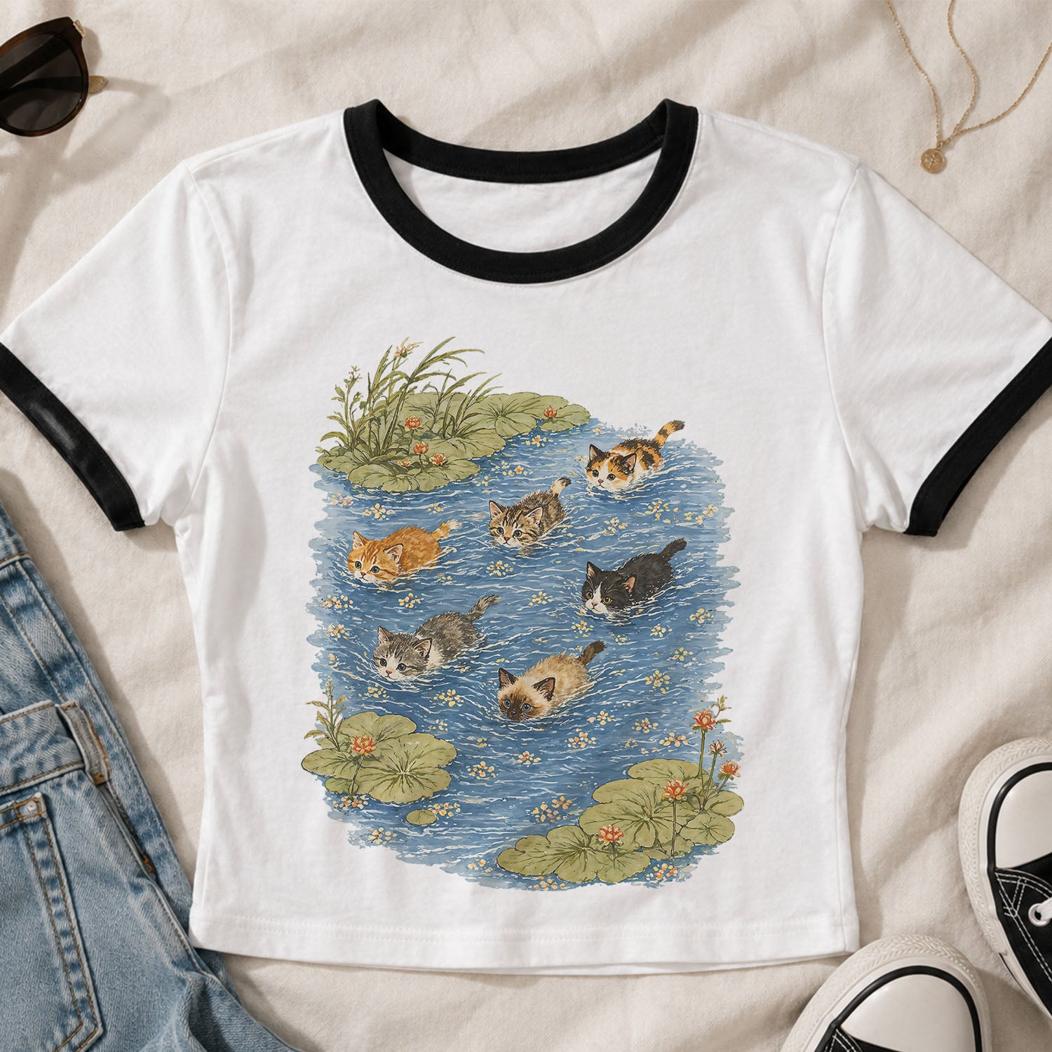 Swimming Cats in Pond Ringer Crop T-Shirt