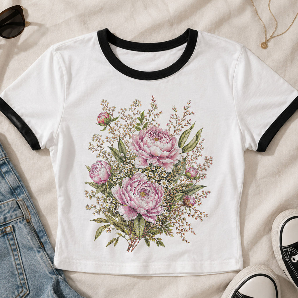 Pink Peony Floral Ringer Crop T-Shirt