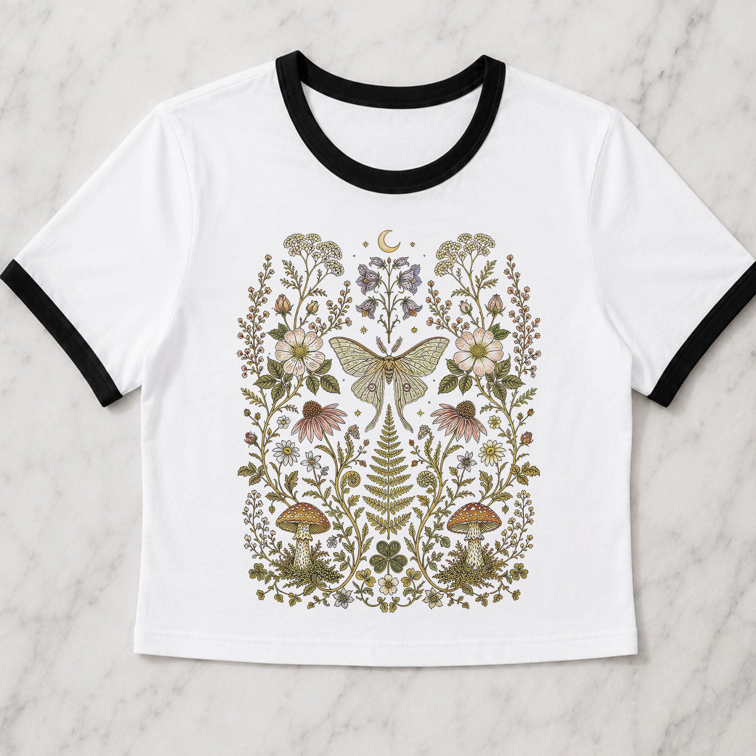 Whimsical Moth Wildflower Ringer Crop T-Shirt