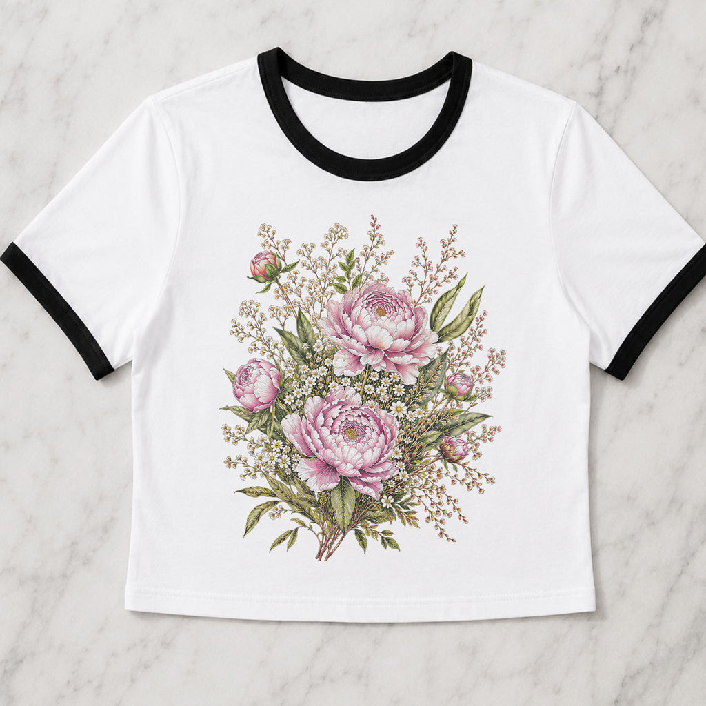 Pink Peony Floral Ringer Crop T-Shirt