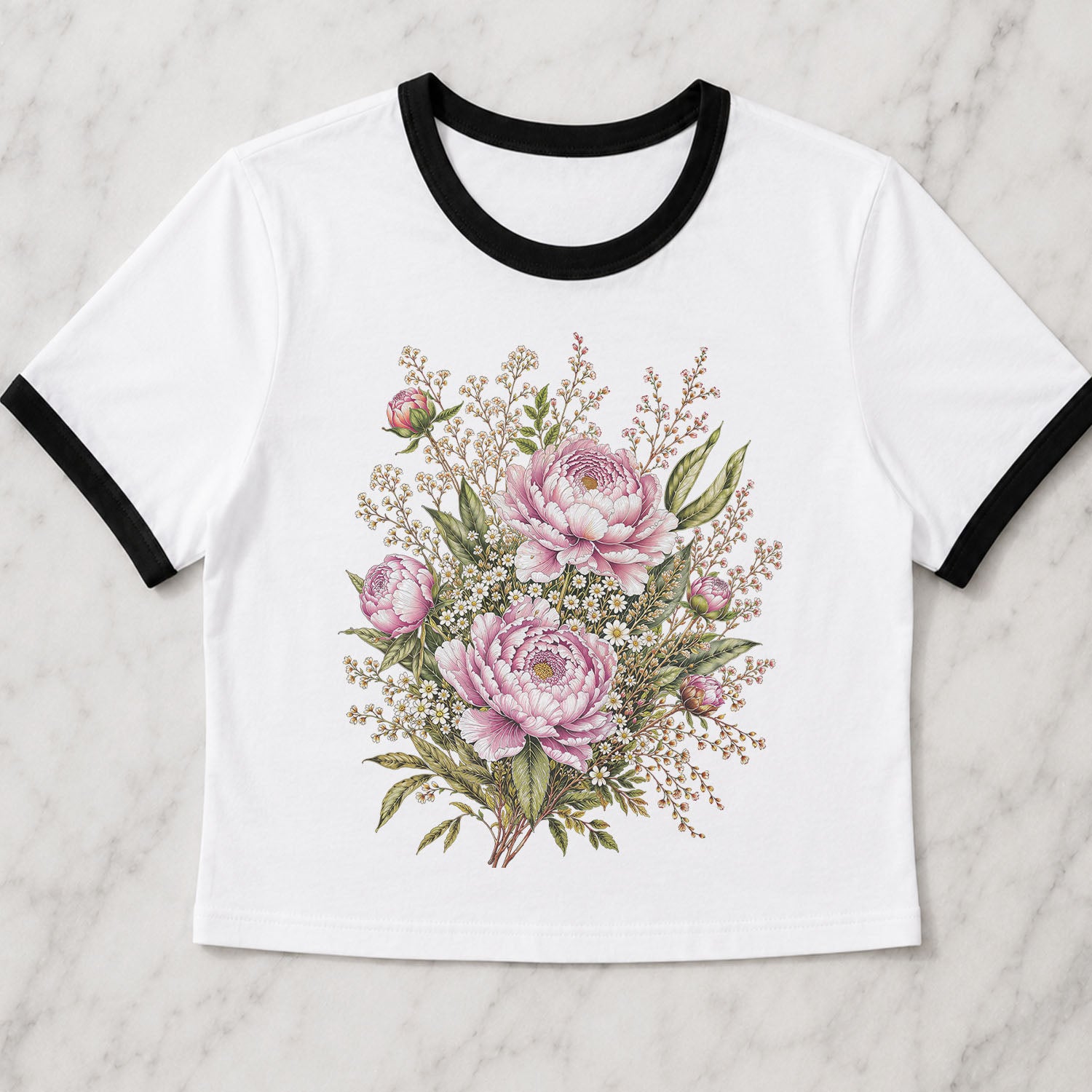 Pink Peony Floral Ringer Crop T-Shirt
