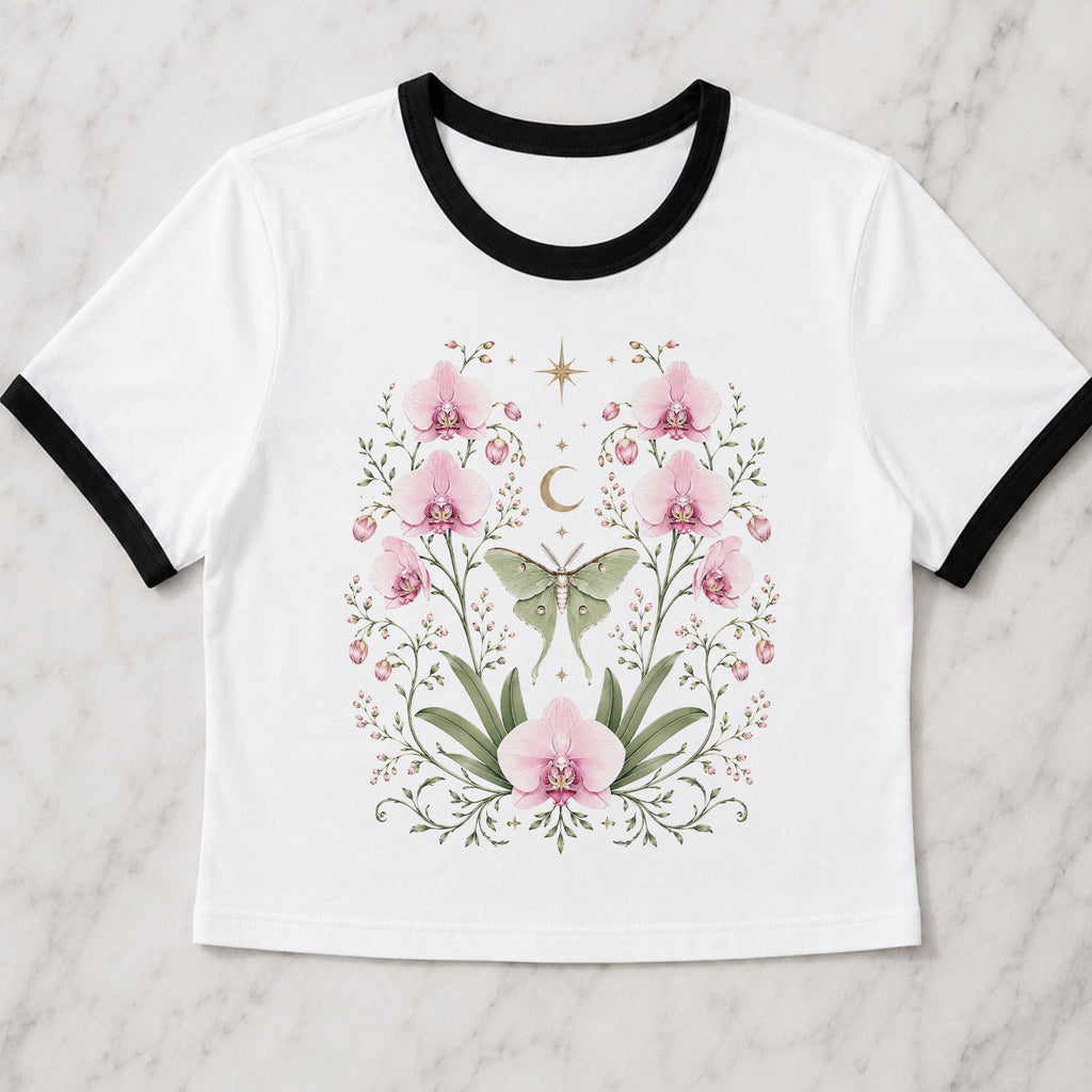 Moonlit Pink Orchid Flower Ringer Crop T-Shirt