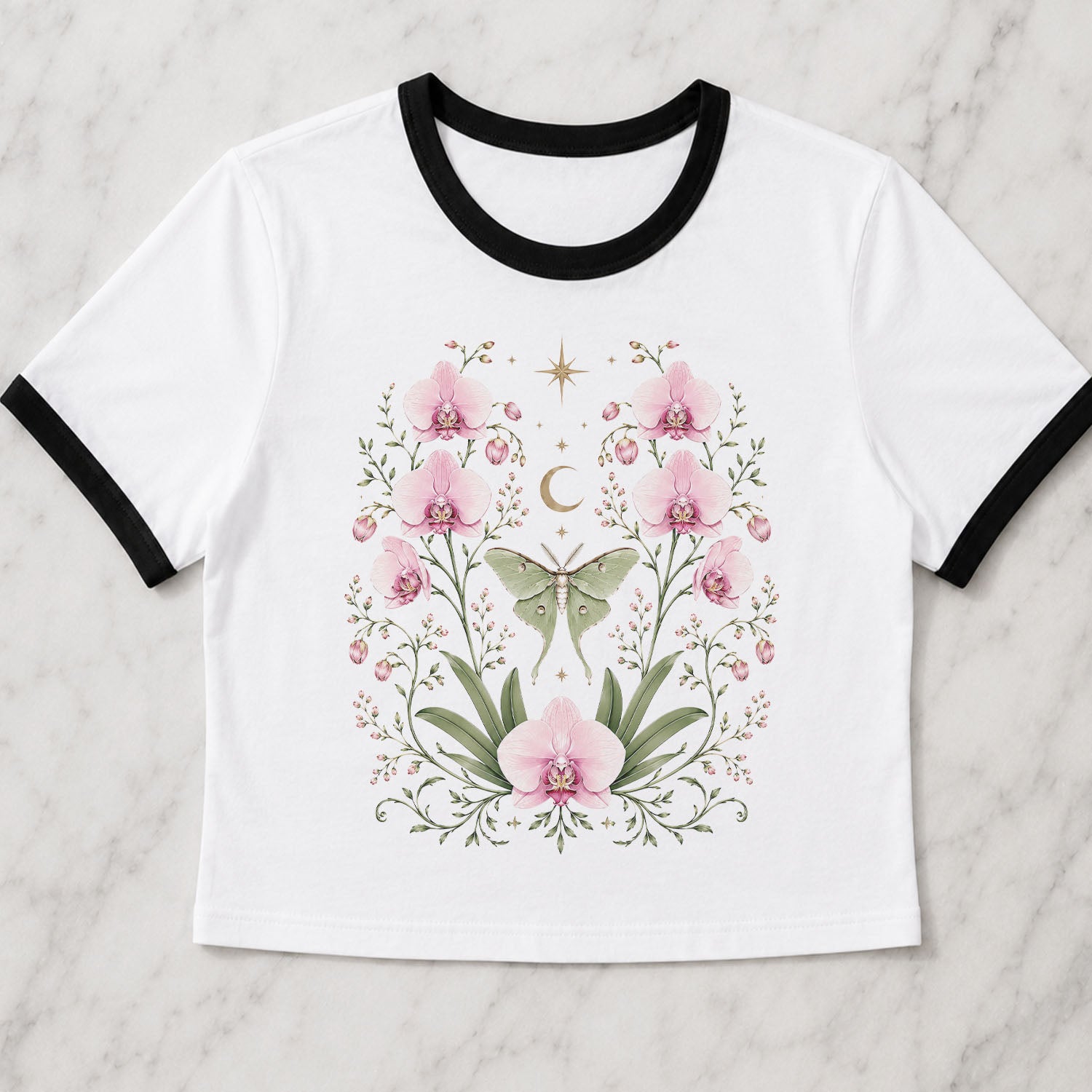 Moonlit Pink Orchid Flower Ringer Crop T-Shirt