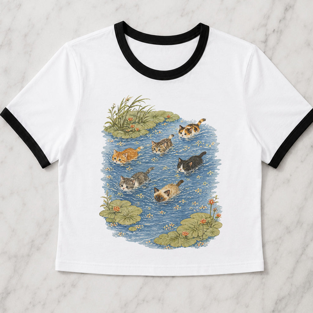 Swimming Cats in Pond Ringer Crop T-Shirt