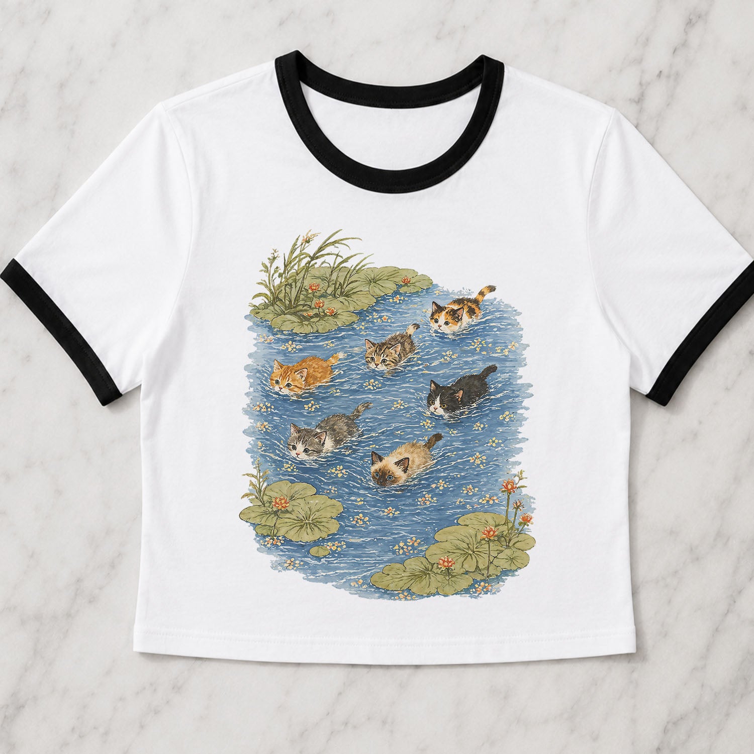 Swimming Cats in Pond Ringer Crop T-Shirt