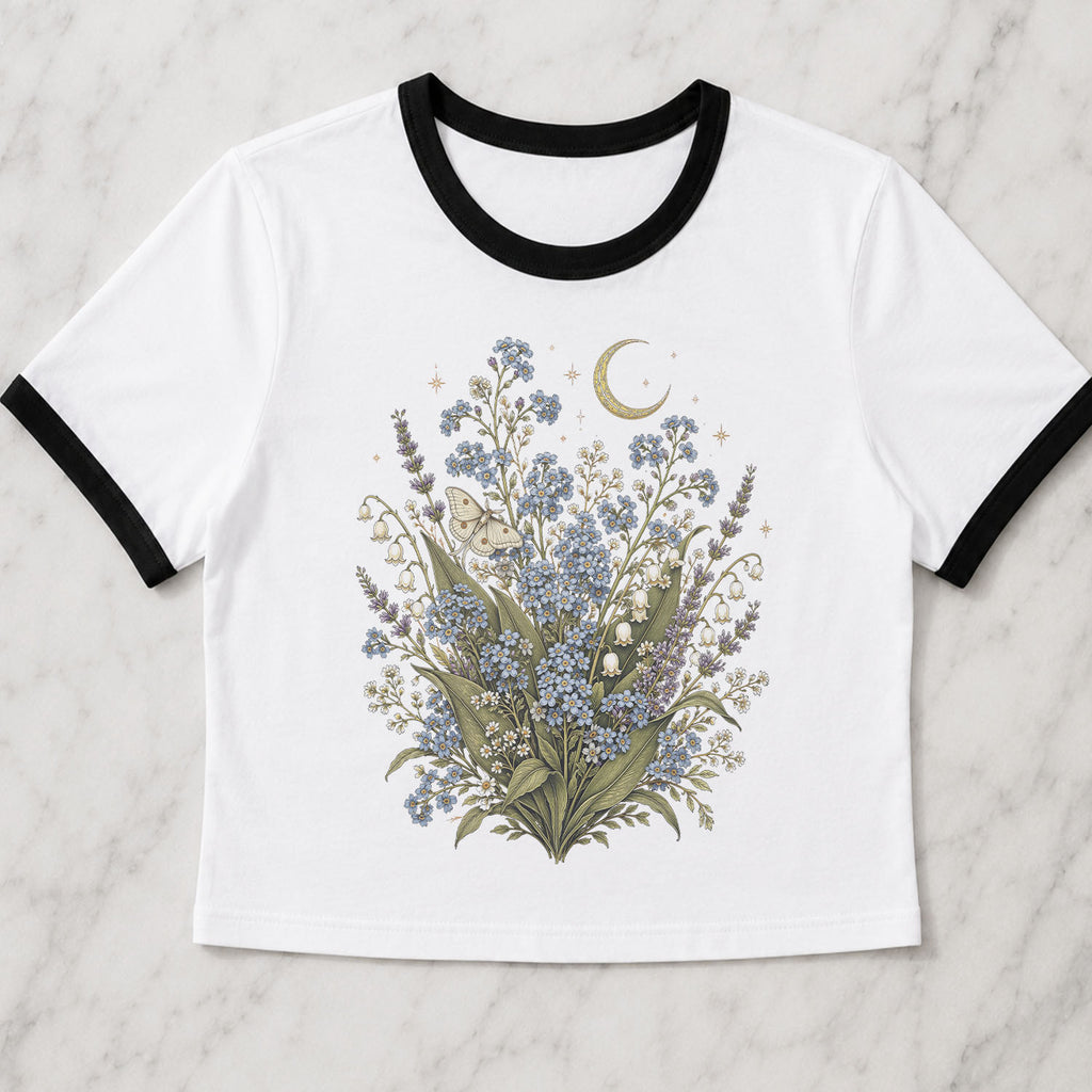 Moonlit Forget Me Not Ringer Crop T-Shirt