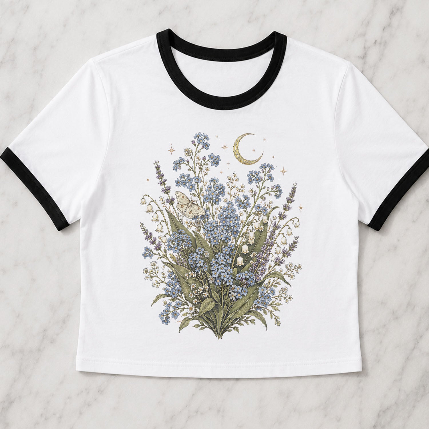 Moonlit Forget Me Not Ringer Crop T-Shirt