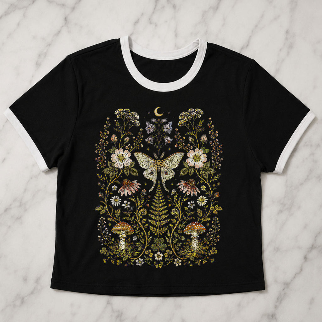 Whimsical Moth Wildflower Ringer Crop T-Shirt