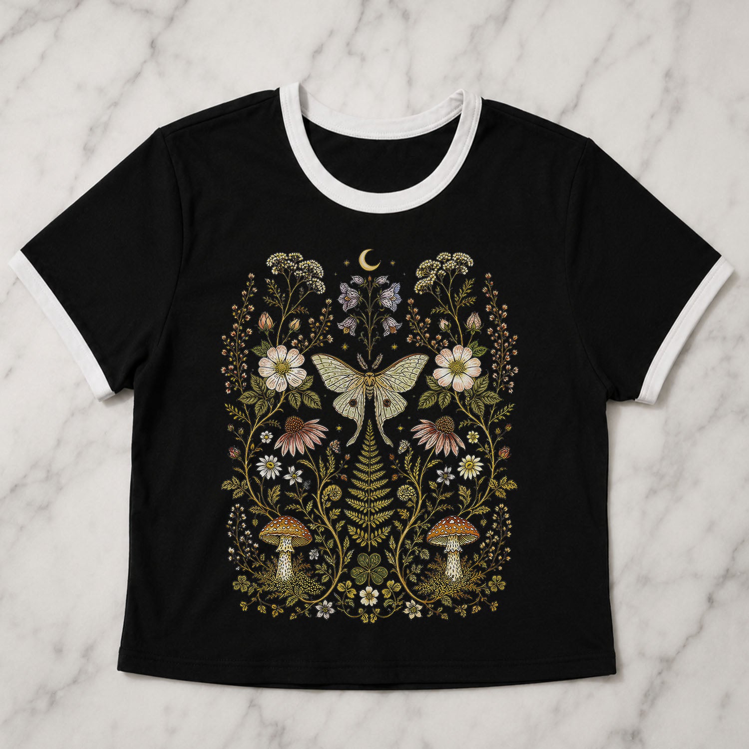 Whimsical Moth Wildflower Ringer Crop T-Shirt