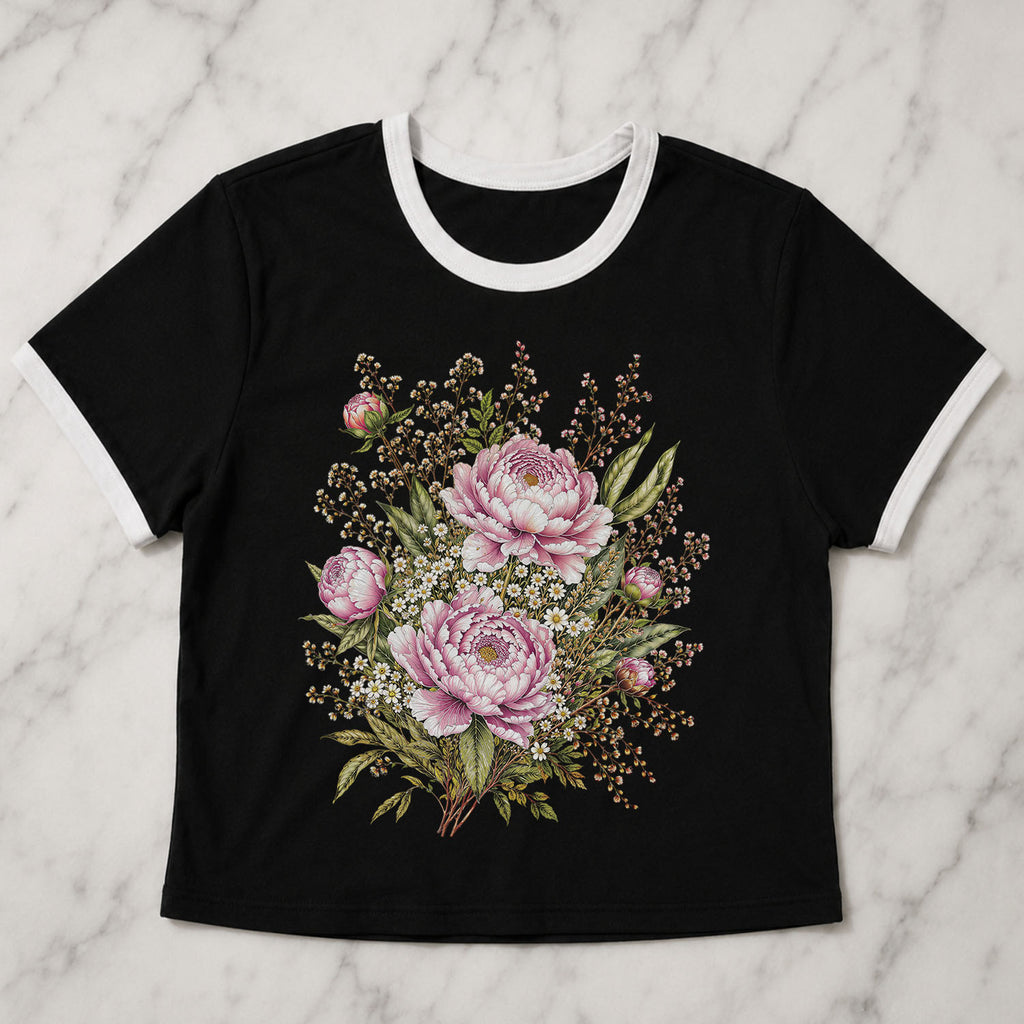 Pink Peony Floral Ringer Crop T-Shirt