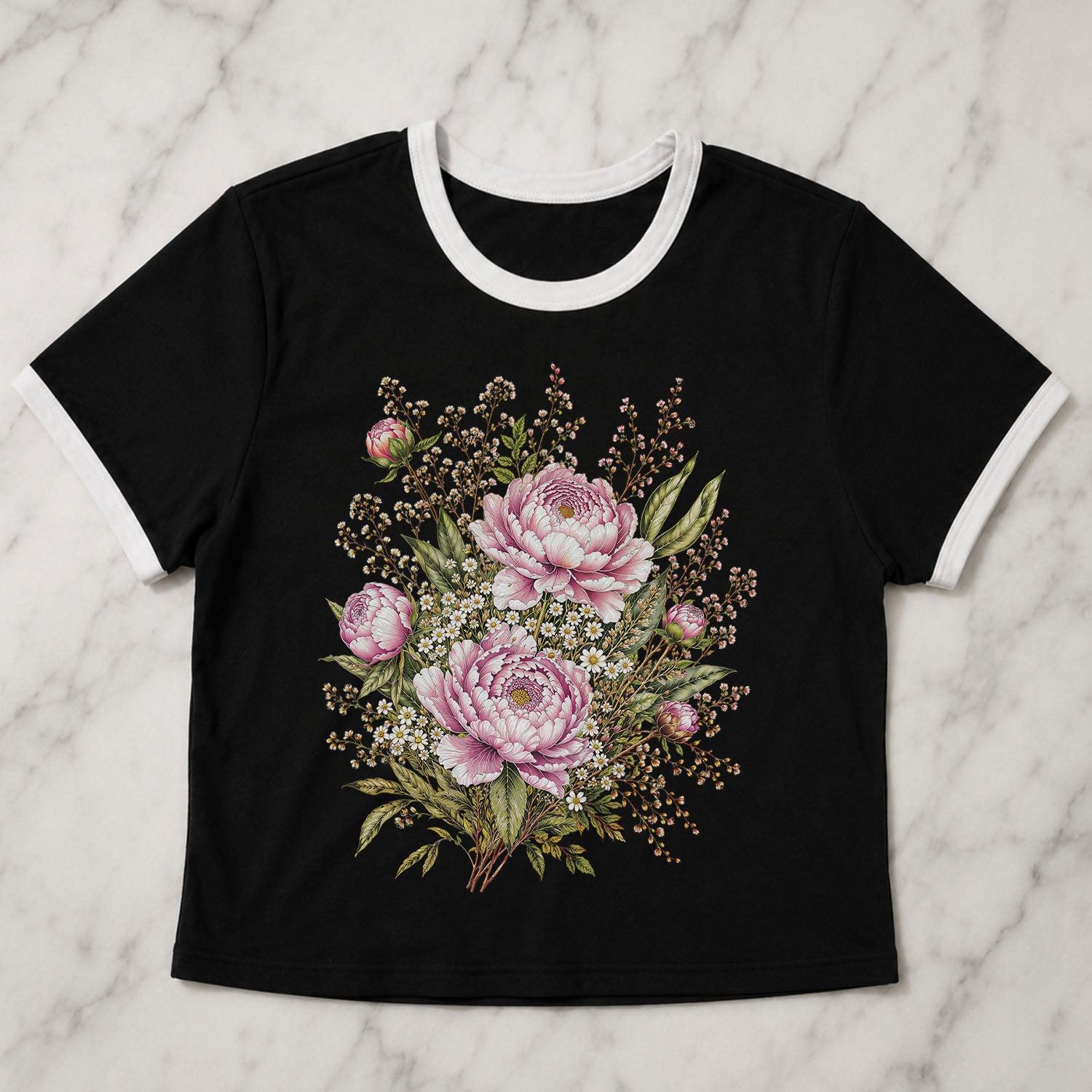 Pink Peony Floral Ringer Crop T-Shirt