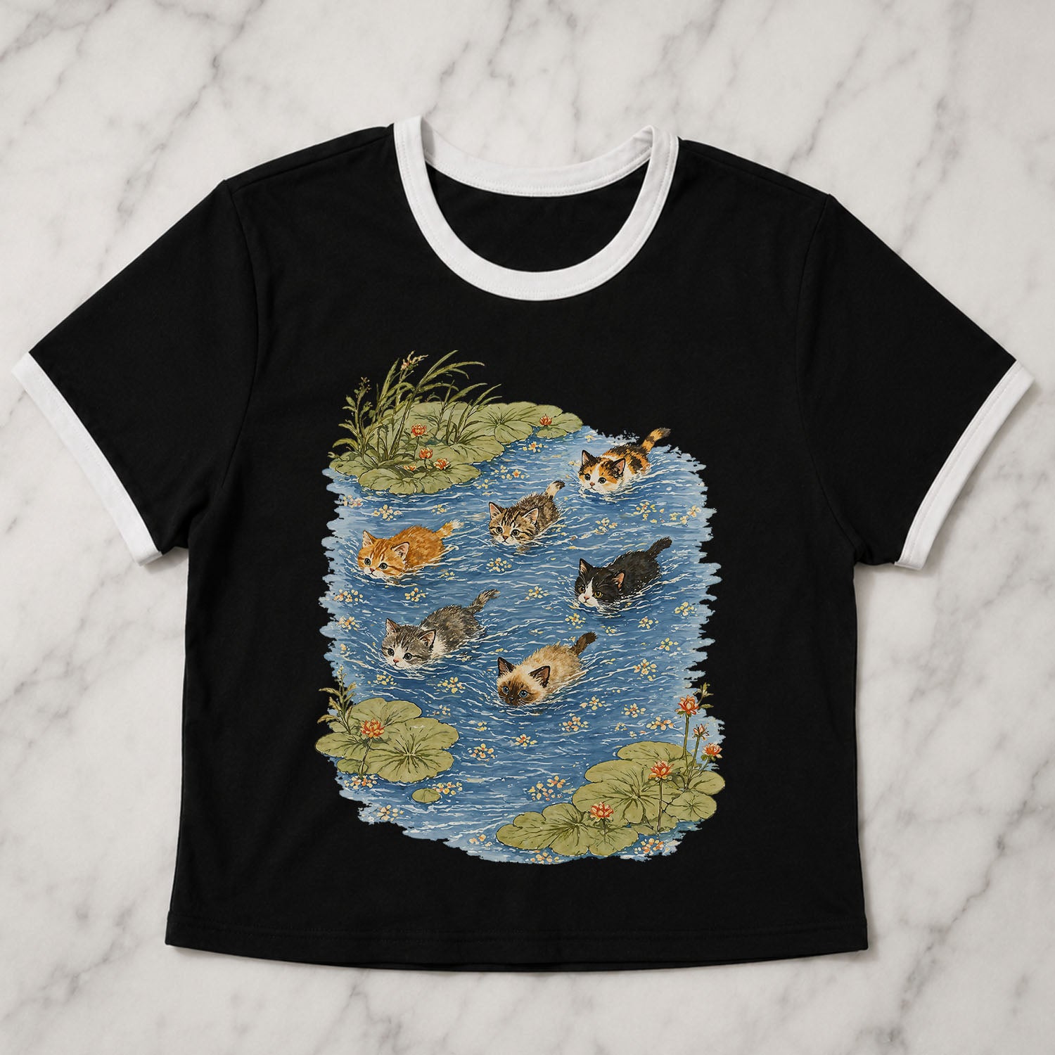 Swimming Cats in Pond Ringer Crop T-Shirt