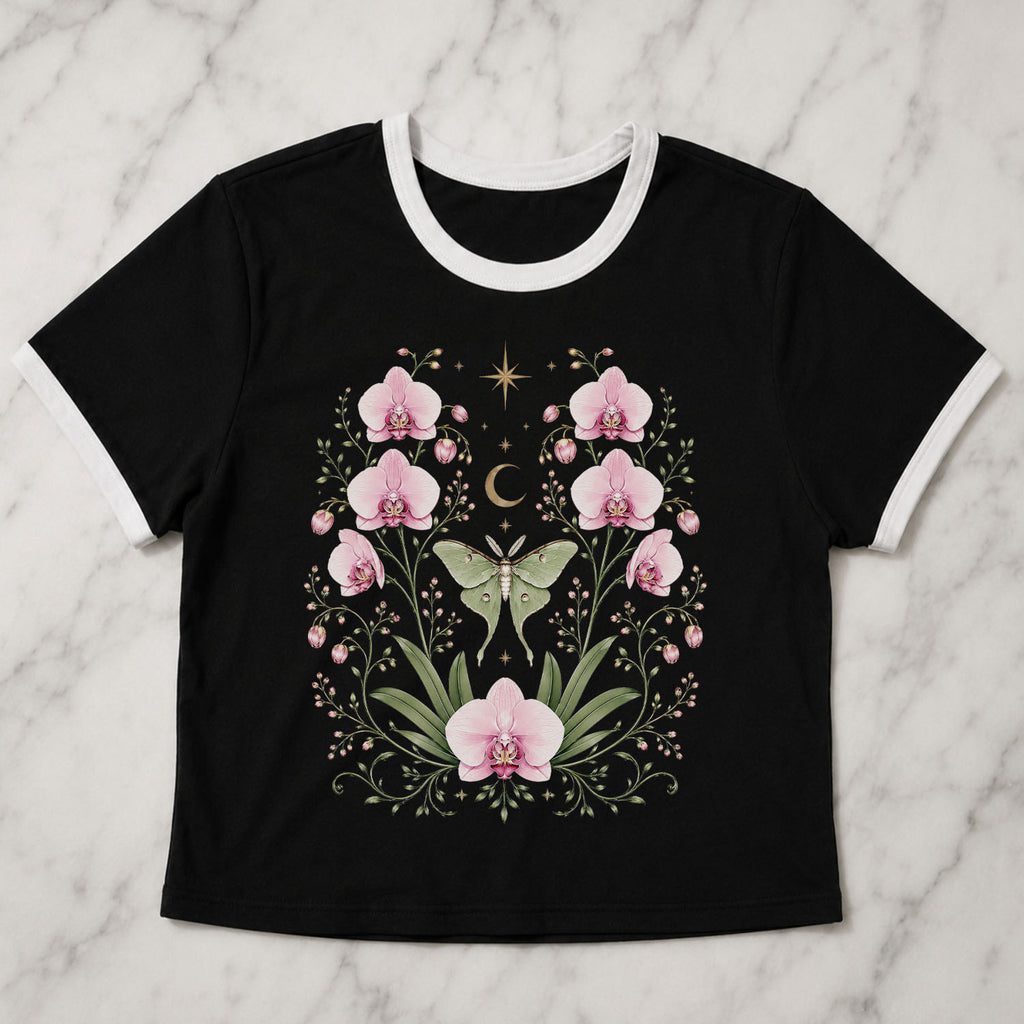 Moonlit Pink Orchid Flower Ringer Crop T-Shirt