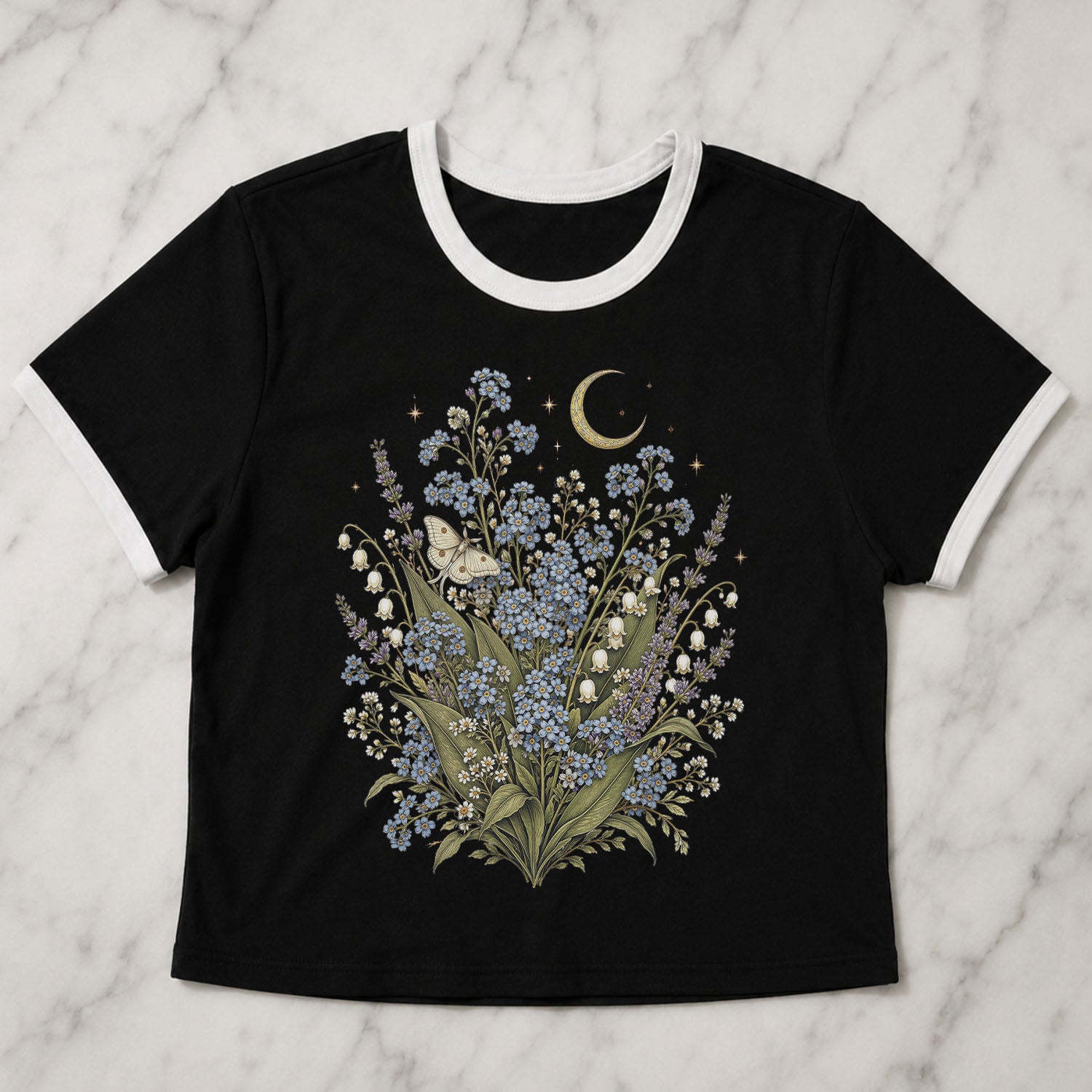 Moonlit Forget Me Not Ringer Crop T-Shirt